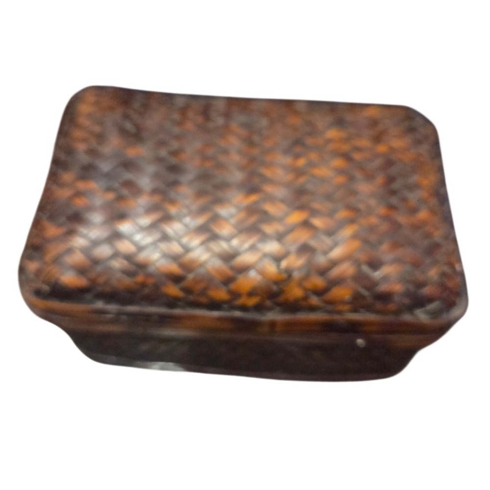 Woven Bamboo Trinket Box Brown Vintage 6x4x4 Boho Keepsake Storage